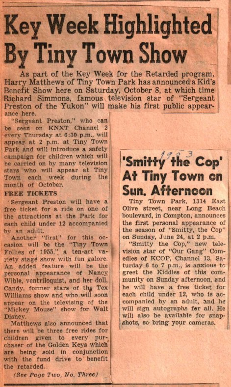 Key Week for the Retarded program benefits show at TT, 'Smitty' the Cop at TT 1953